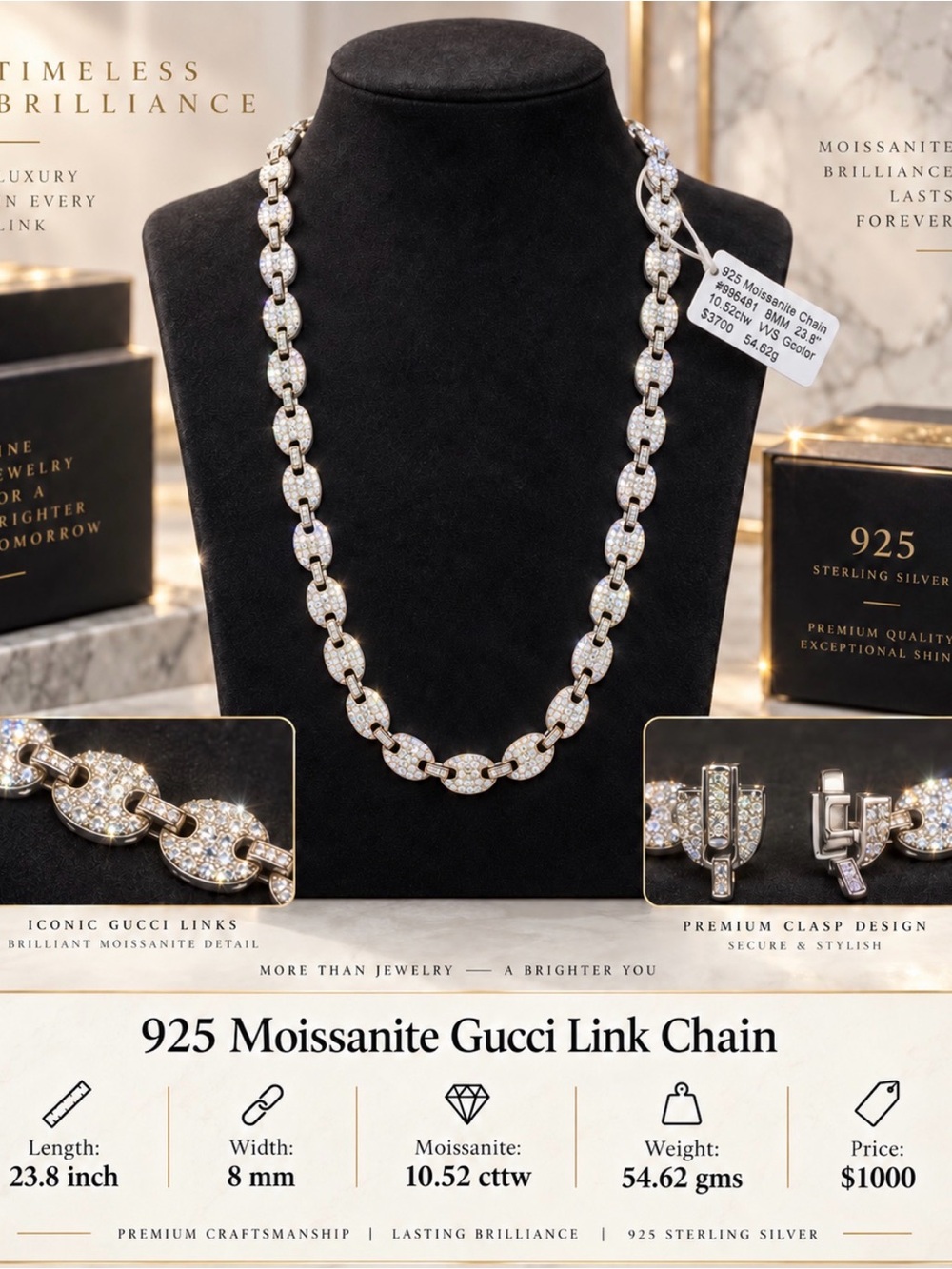 Gucci 925 Moissanite Link Necklace in Silver